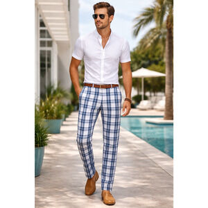 Stacy Adams Plaid Linen Cotton Pants Mens 36x30 Blue White Casual Lightweight